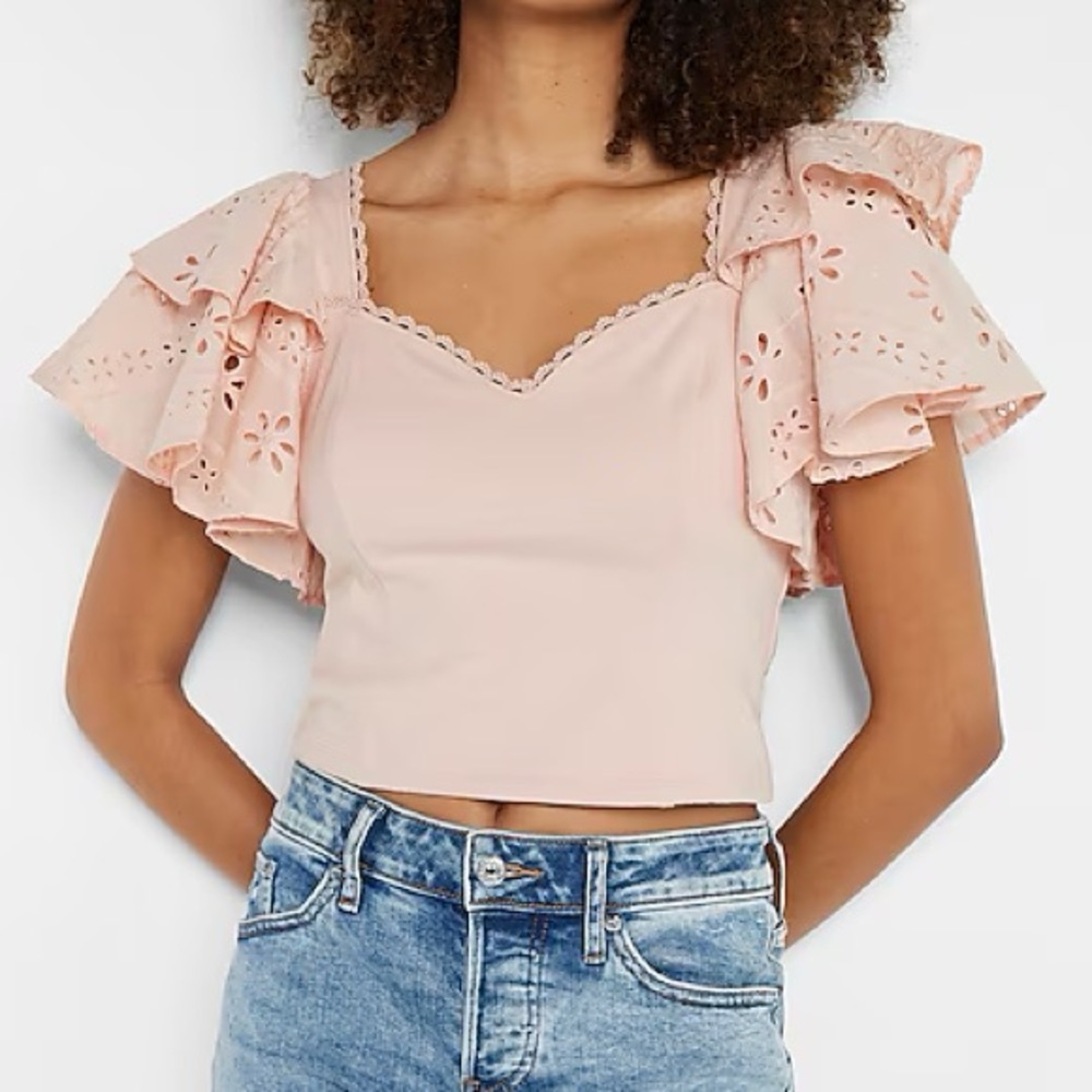 Express | Sweetheart Eyelet Ruffle Sleeve Cropped Top